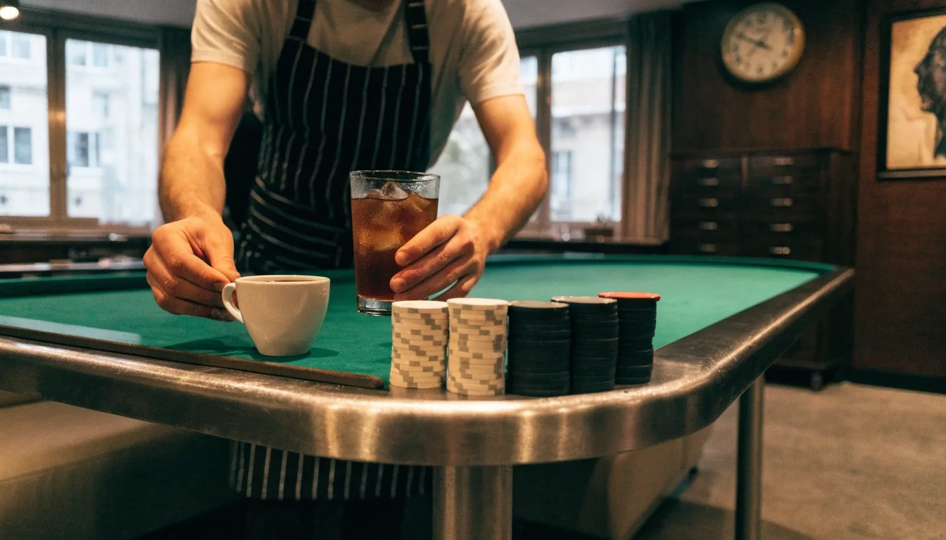 Klidný pokerový stůl v Zlaté Lipě před večerním provozem — žetony, karty lícem dolů a kávový šálek na hraně stolu