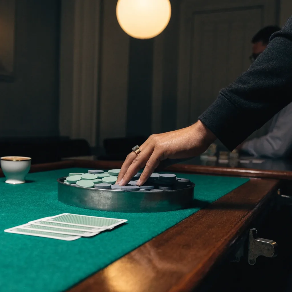 Overhead composition of cards and chip stacks on felt beside a small espresso cup